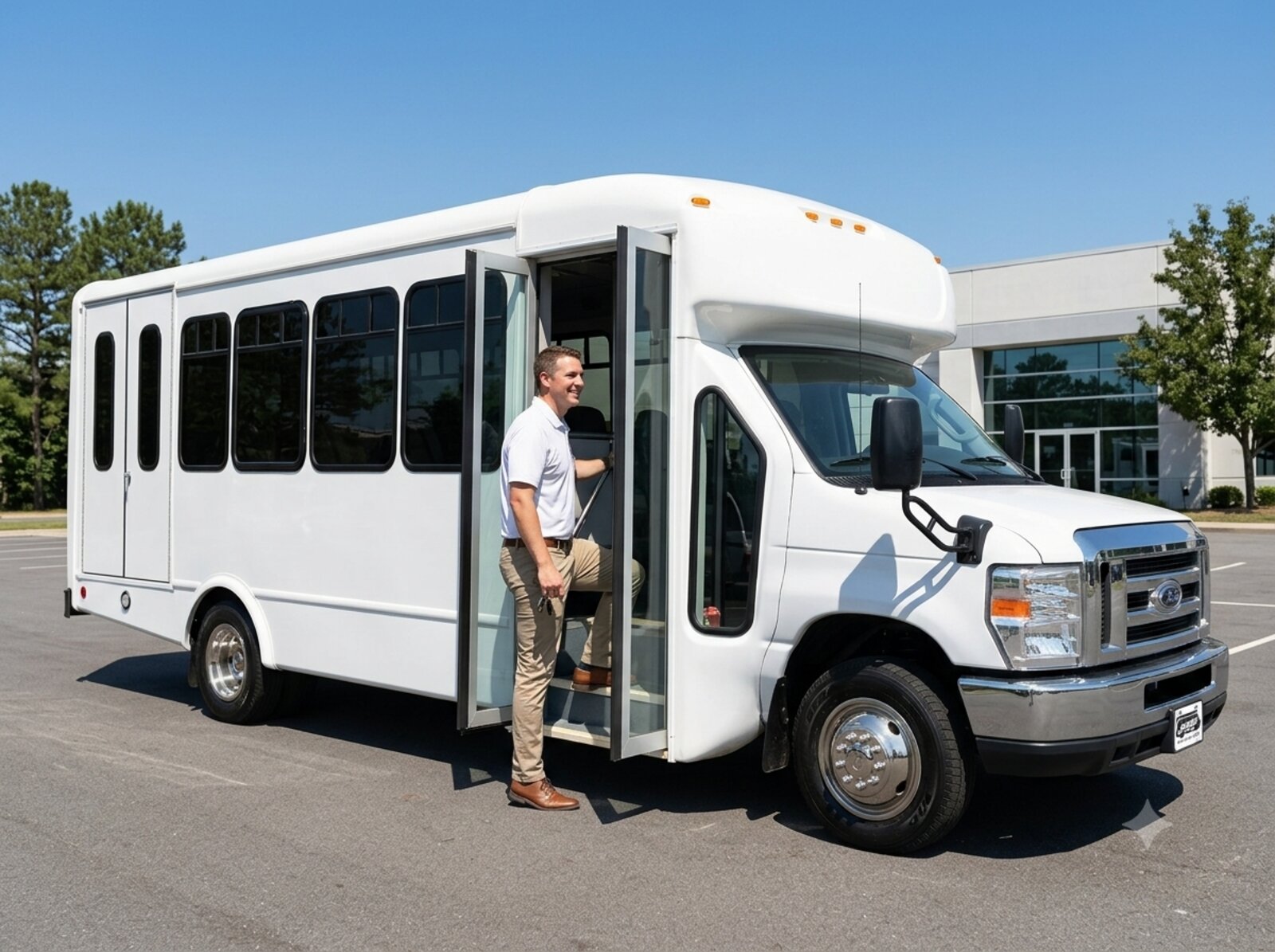 Staff member stepping into a Non-CDL shuttle bus after conversion